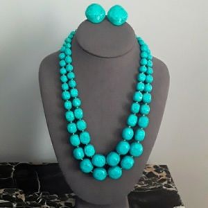 50's Large Bead 2 strand Necklace & Earrings Set, Turquoise w/Black
